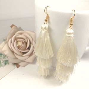 Cream Tiered Tassel Drop Dangle Earrings